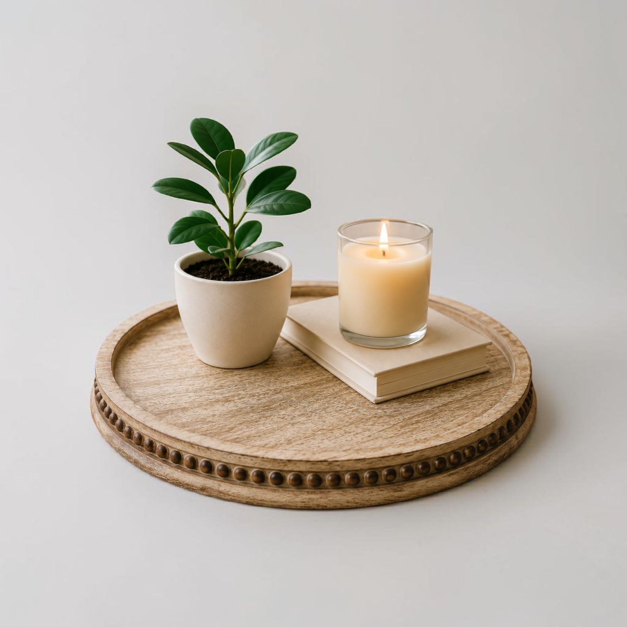 CRAFTYKART Round Wood Serving Tray, Rustic Nesting Trays Stackable Platters for Serving Cakes, Pastries, Snacks, Breakfast,Decorative Wooden Beaded Tray 10 inches Centerpiece for Dining & Coffee Table