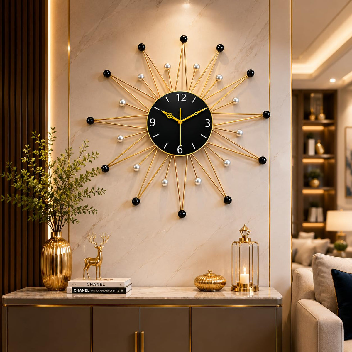 Modern Sunburst Metal Wall Clock Gold & Black for Living Room