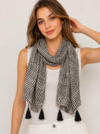 Women's Printed cotton Scarf with Tassels, Lightweight Boho Stole, 180x50 cm, All Seasons (Black and white)