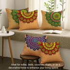 STITCHNEST Set of 5 Gajraj Folk Art Collection Printed Jute Cushion Covers 16x16 Inches | Decorative Throw Pillow Covers for Sofa, Living Room, Bedroom | Perfect for Home Decor