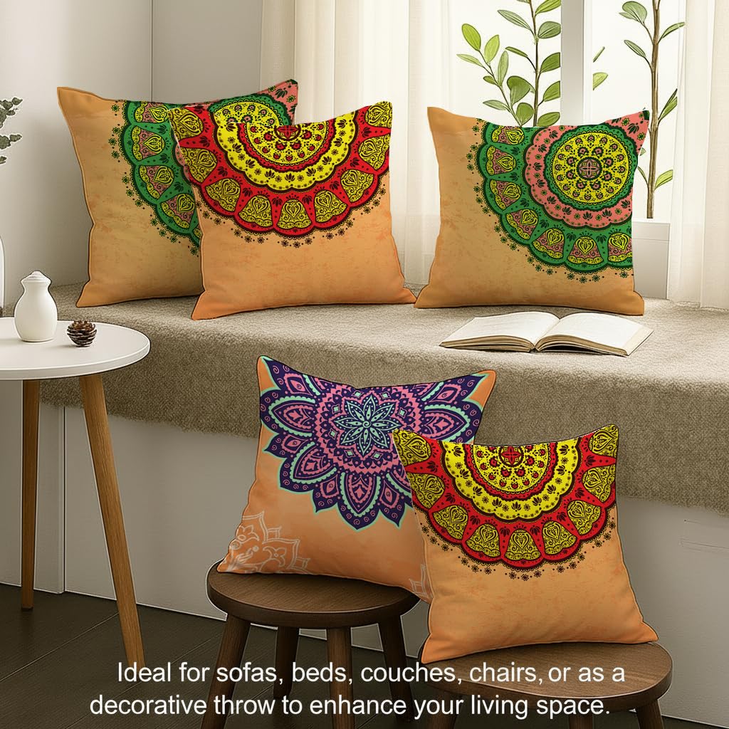 STITCHNEST Set of 5 Gajraj Folk Art Collection Printed Jute Cushion Covers 16x16 Inches | Decorative Throw Pillow Covers for Sofa, Living Room, Bedroom | Perfect for Home Decor