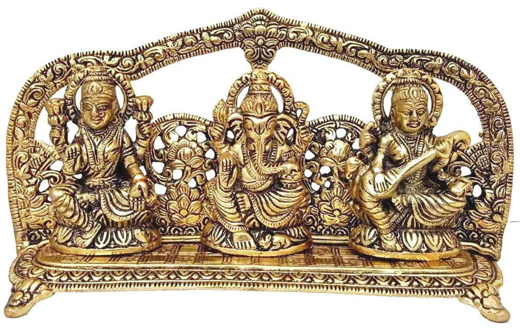 Prince Home Decor & Gifts Metal Laxmi Ganesh Saraswati Idol Decorative Platter with Diya (Golden, 25 X 6 X 14 cm)