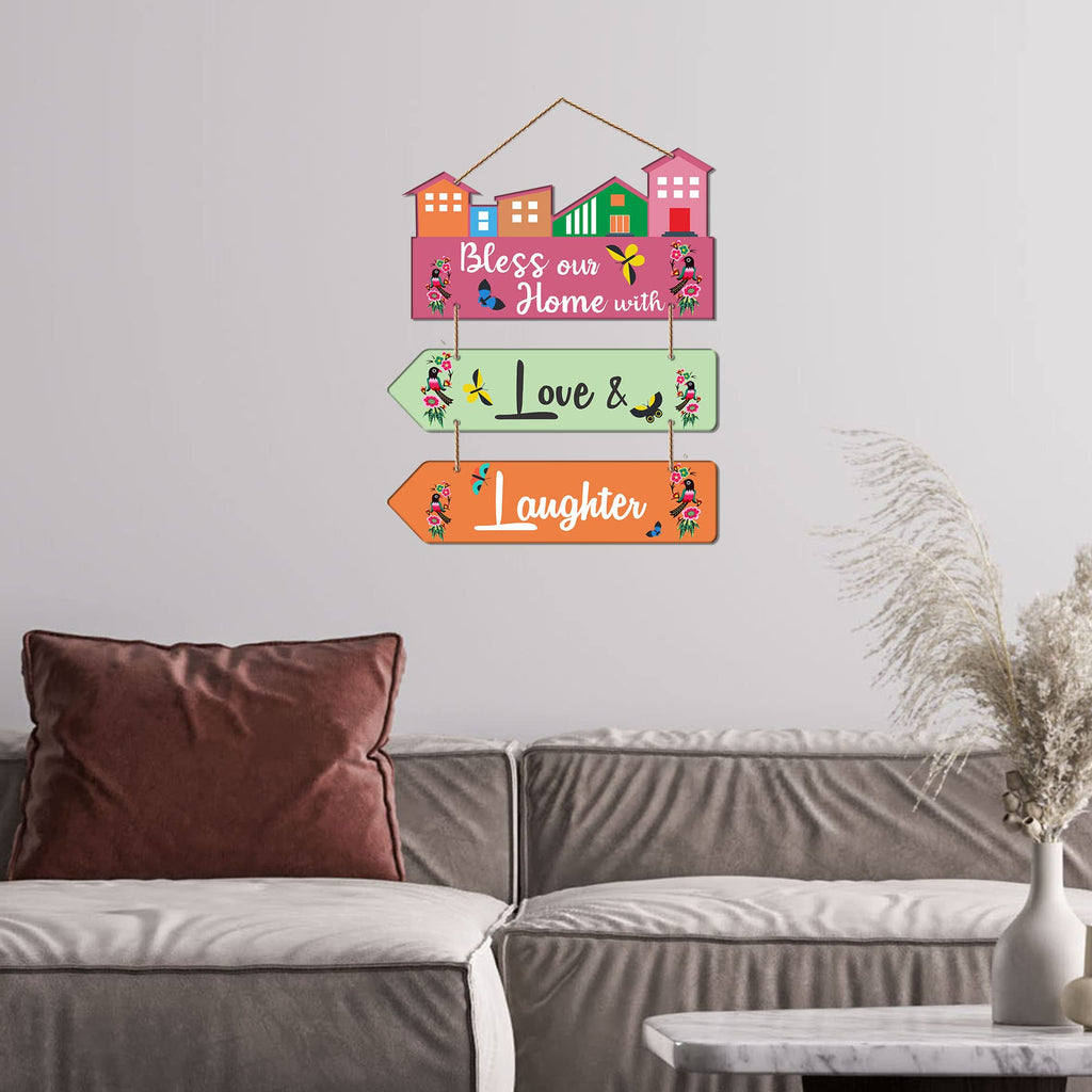 Artvibes Bless Our Home With Love & Laughter Decorative Wall Art MDF Wooden Wall Hanger for Living Room | Quotes Decor Item | Home Quotes Wall Hanging | Modern Decor Items | Wall Poster (WH_5809N)