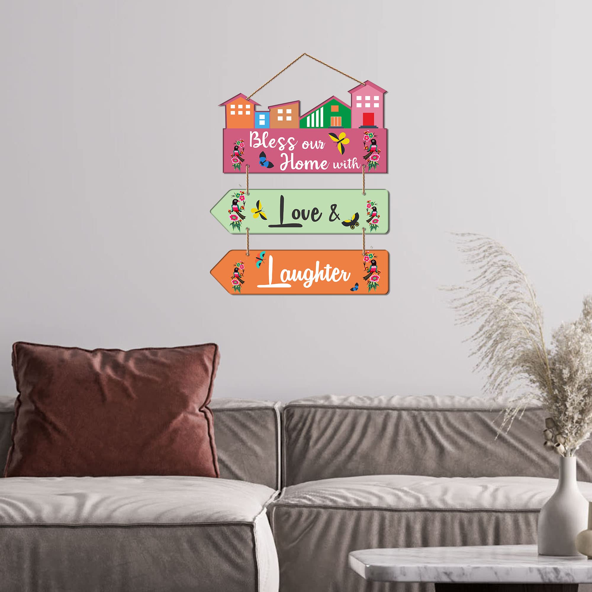 Artvibes Bless Our Home With Love & Laughter Decorative Wall Art MDF Wooden Wall Hanger for Living Room | Quotes Decor Item | Home Quotes Wall Hanging | Modern Decor Items | Wall Poster (WH_5809N)