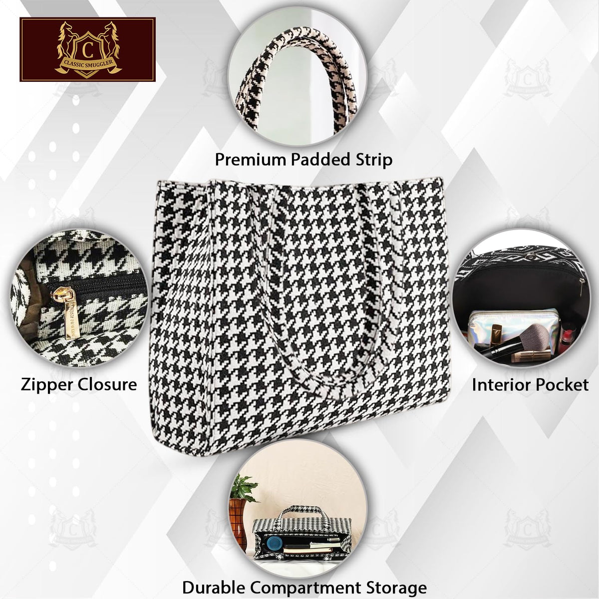 Global Impex Classic Smuggler Bag, Large Capacity Geometric Print Tote Bag for Women – Stylish Shoulder Handbag for Office, Shopping, and Daily Use | Lightweight & Durable Fabric Bag