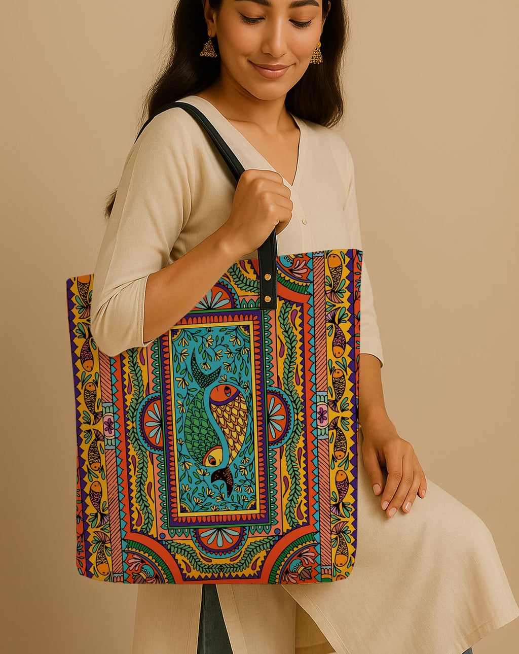 Kalankit Classic Tote Bag For Women | Canvas Printed Totes For Women | Aesthetic Shoulder College Bag For Girls | Vegan Leather Lightweight Everyday Bag | Gift for Woman | Multicolour Mandala