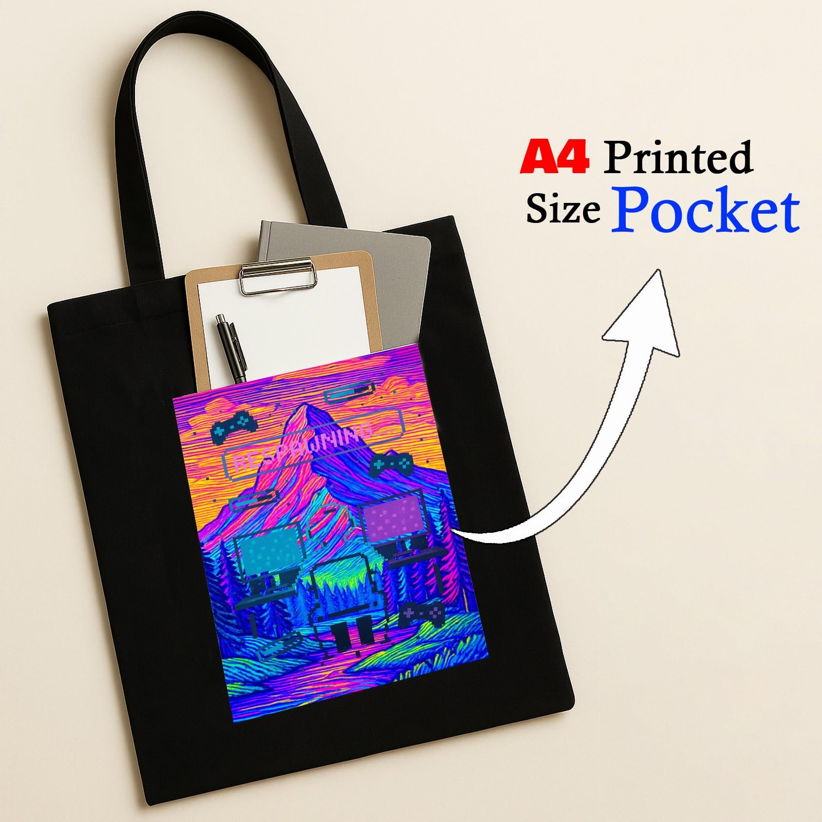 Kirmada Black Cotton Tote Bag | Pixel Respawn Mode Design | Trendy Gamer Tote for Women & Girls | Stylish College & Shopping Bag with Zipper | Reusable Eco Friendly Cotton Tote | Gift for Gamers