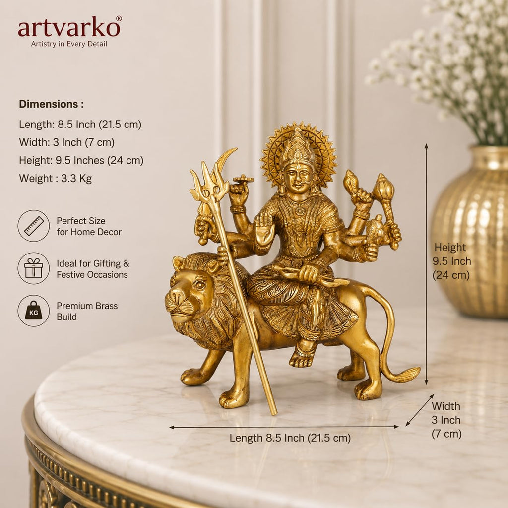 ARTVARKO Brass Goddess Vaishno Devi Murti 9.5 Inches | Maa Durga Puja Idol for Home Temple | Decorative Brass Sculpture for Mandir, Spiritual Décor, Festival, Housewarming & Gift