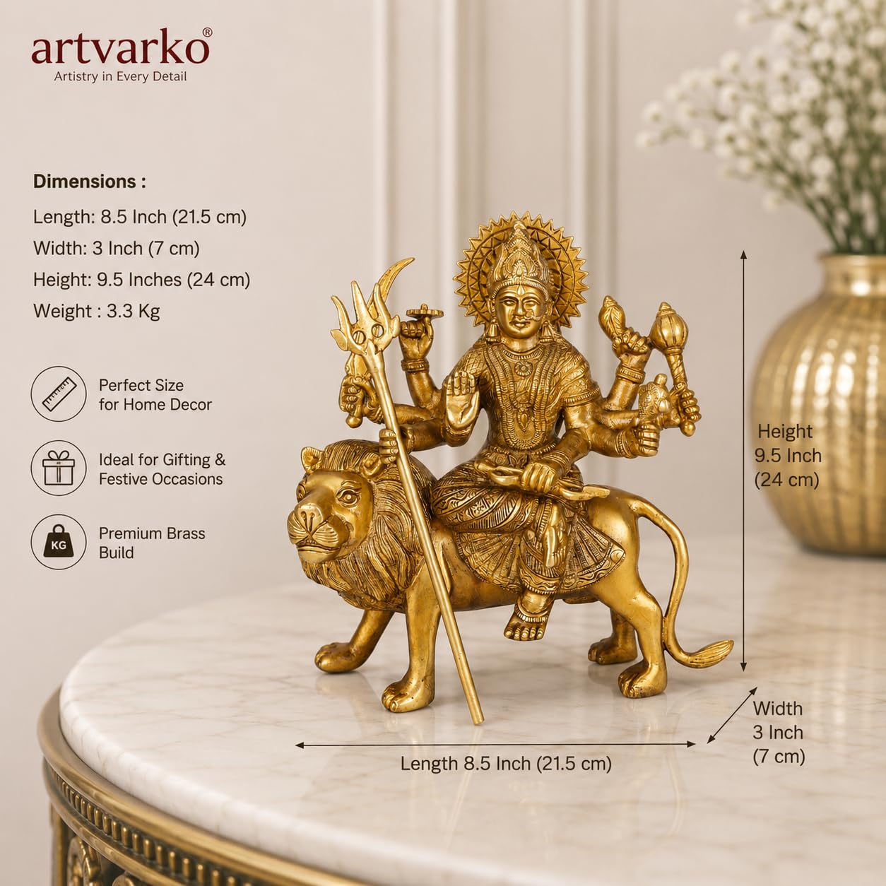 ARTVARKO Brass Goddess Vaishno Devi Murti 9.5 Inches | Maa Durga Puja Idol for Home Temple | Decorative Brass Sculpture for Mandir, Spiritual Décor, Festival, Housewarming & Gift