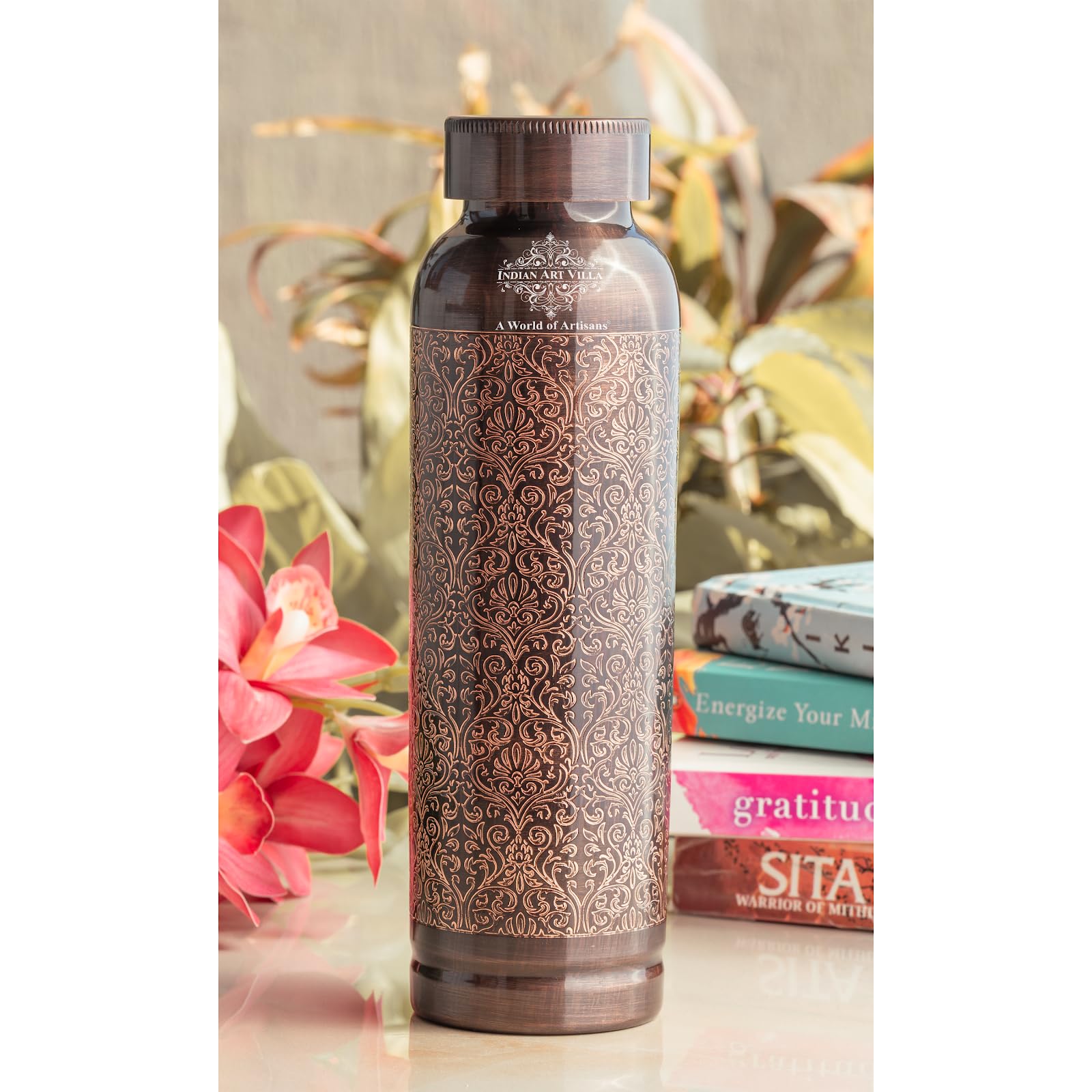 INDIAN ART VILLA Copper Antique Embossed Design Water Bottle – 900 ML, Pure Copper Ayurvedic Water Bottle for Drinkware & Storage, Ideal for Home, Office, Travel, and Gifting