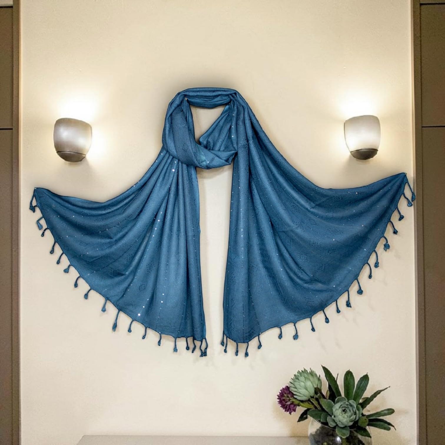 STOLE STUDIO Elegant Luxurious Sequence Viscose Stole Scarf (Teal Blue)