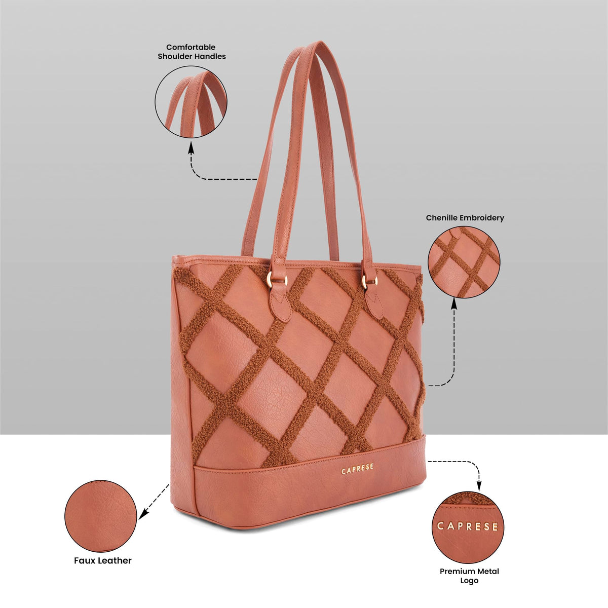 Caprese Athena 15 Inch Laptop Compatible Large Tote Bag for Women | Shoulder Bag with Chenille Embroidery | Multi-Compartment Professional Work Bag with Zipper Closure (Tan)