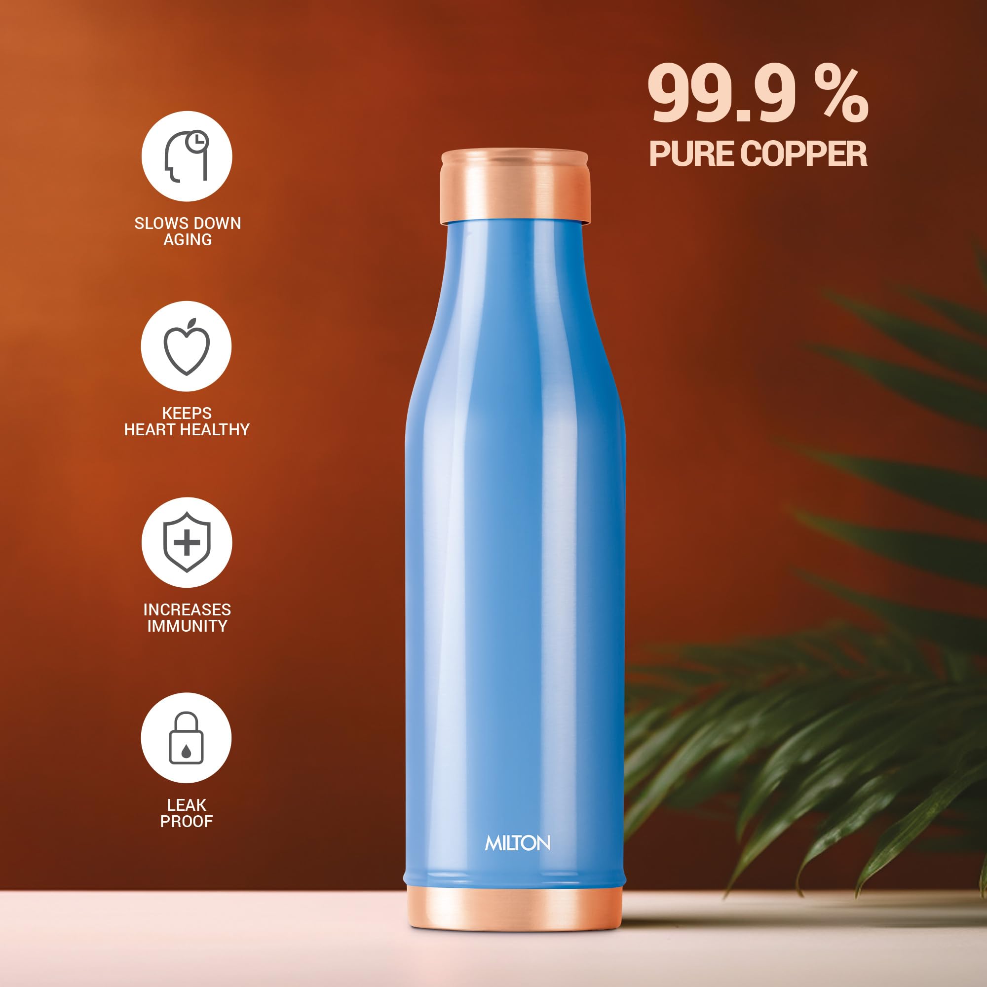 MILTON Copper Charge Water Bottle, 930 ml, Blue | Lacquer Coating, Curved Bottle | Diwali | Festive | Gifting | Yoga | Home | Kitchen | Vedic