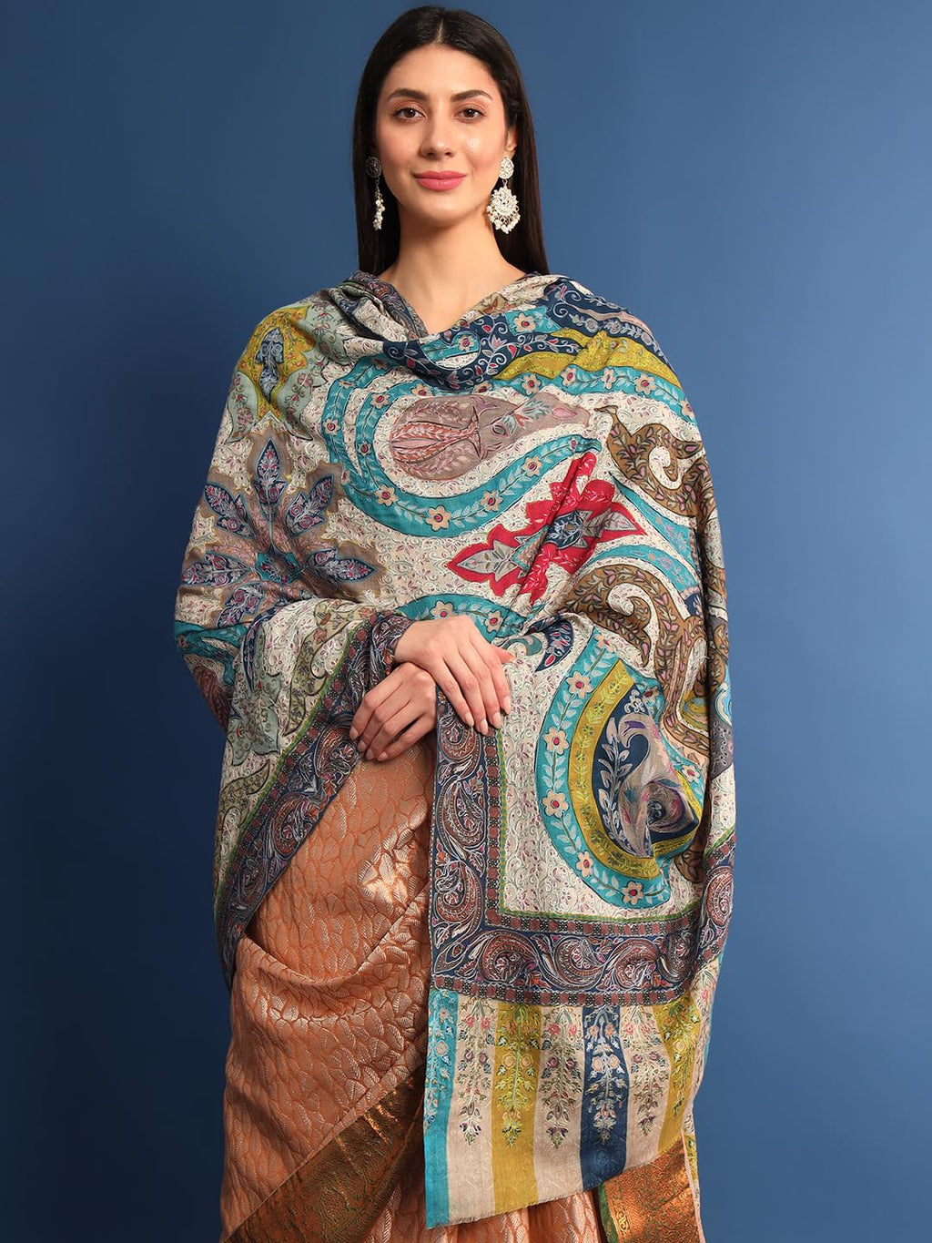 Pashmoda Women Mehar Fine Wool Fabric Pashmina Kalamkari Embroidered Shawl, Stole and Wrap, Sustainable and Natural Fabric, Heritage Kashmiri Pashmina(Size 45x90)