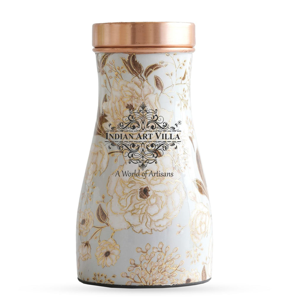 INDIAN ART VILLA Gold Flower Print Copper Water Bedroom Bottle, Designer Copper Drinkware, Volume- 950 ML