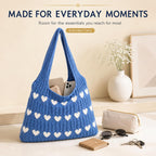 Kawn® Premium Knitted Heart Pattern Tote Bag Large Stylish and Durable Trendy bag for Everyday Use Beach Shopping Travel Work – Comfortable and Trendy Design (Blue)