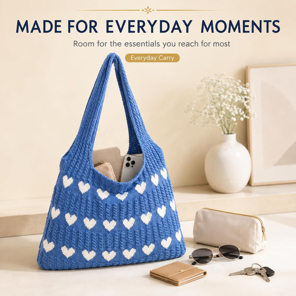 Kawn® Premium Knitted Heart Pattern Tote Bag Large Stylish and Durable Trendy bag for Everyday Use Beach Shopping Travel Work – Comfortable and Trendy Design (Blue)