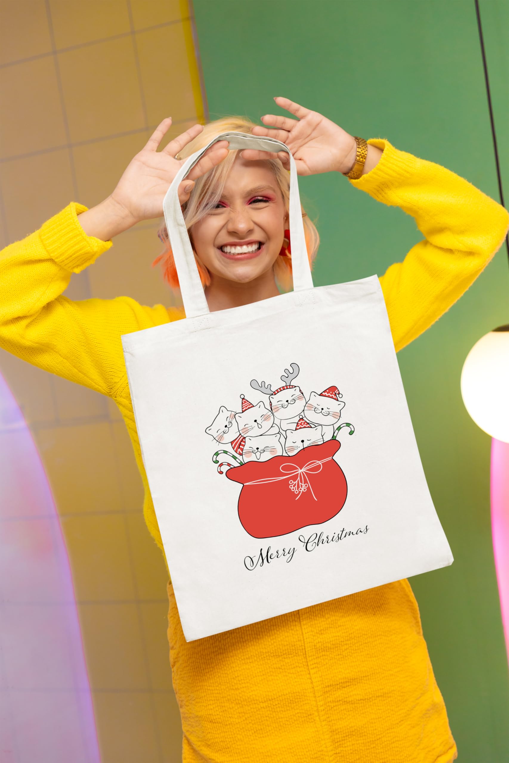 Happu-White Cotton Canvas Tote Bag with Zip | Happy Christmas Festive Print | Reusable, Washable & Eco-Friendly Multi-Purpose Tote for Women & Girls HPK-3434