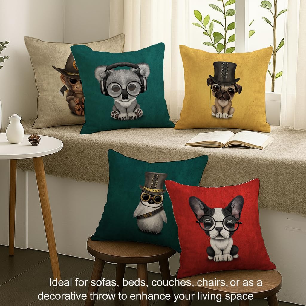 STITCHNEST Set of 5 Funky Friends Collection Printed Jute Cushion Covers 12x12 Inches | Decorative Throw Pillow Covers for Sofa, Living Room, Bedroom | Perfect for Home Decor