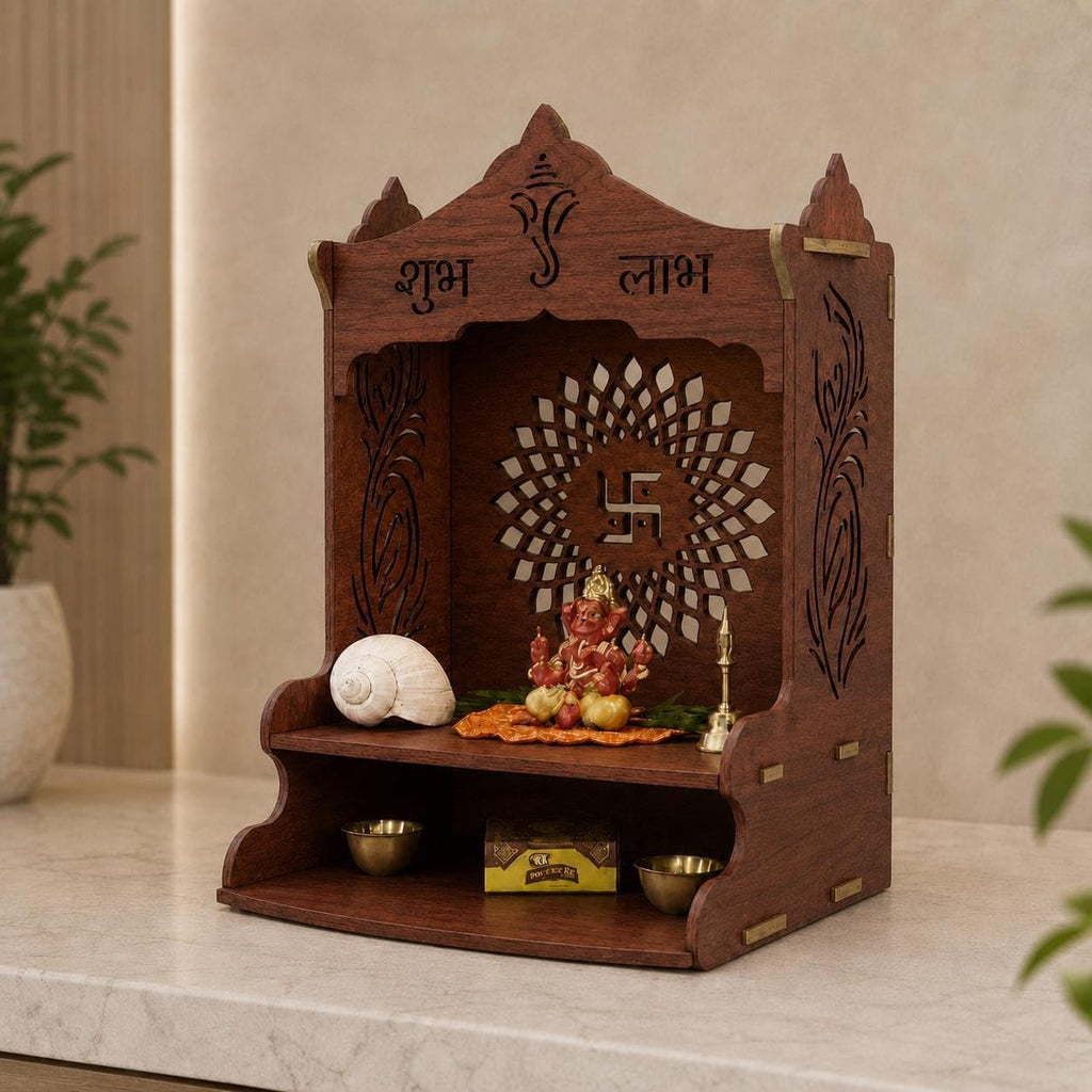 Wooden Pooja Mandir for Home, Pine Home Temple with Spacious Shelf, Hindu Mandir, Mini Temple for Home Decor, Living Room & Office (Natural Wood Brown, 32 X 26 X 20 Cms, Swastik Design)