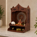 Wooden Pooja Mandir for Home, Pine Home Temple with Spacious Shelf, Hindu Mandir, Mini Temple for Home Decor, Living Room & Office (Natural Wood Brown, 32 X 26 X 20 Cms, Swastik Design)