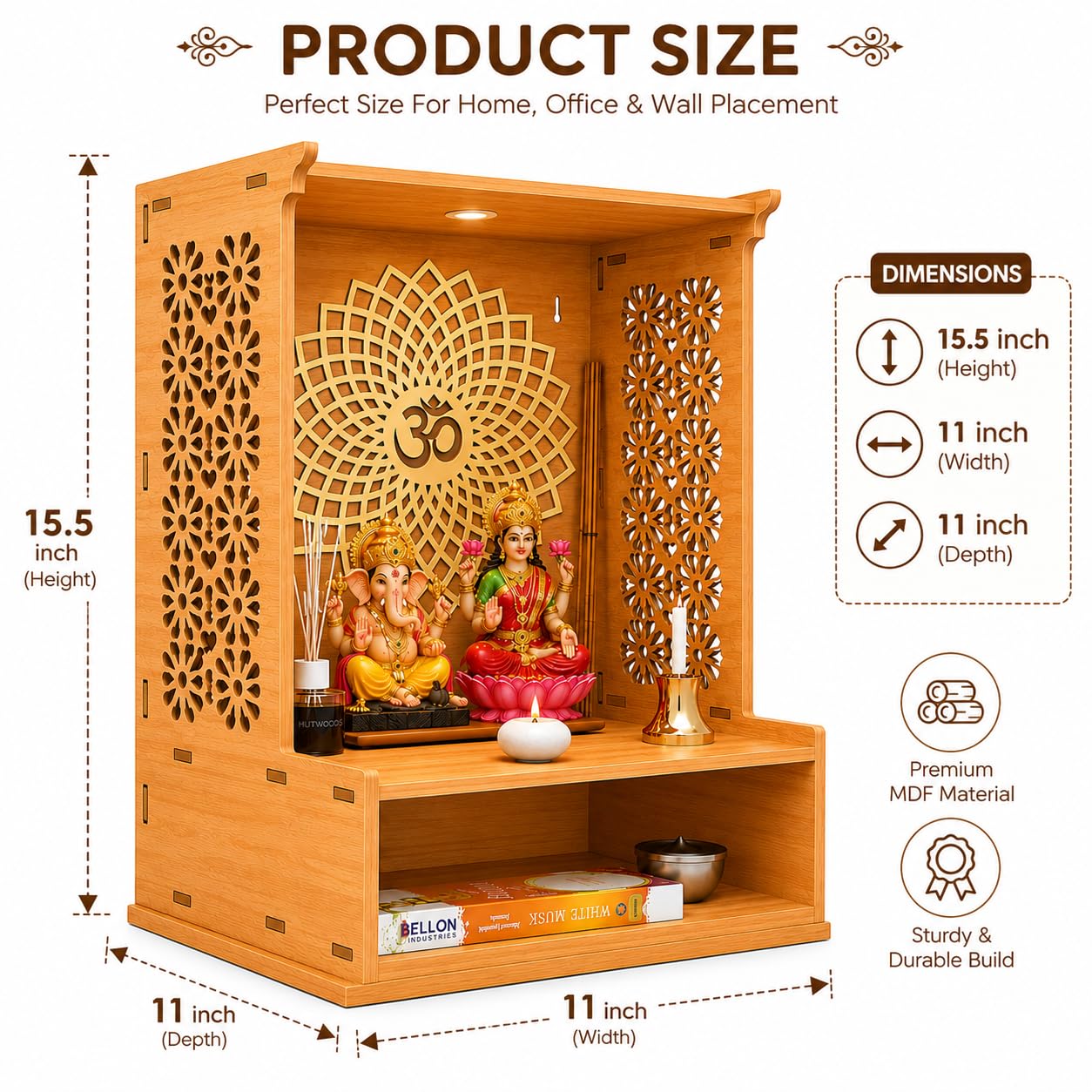 Fliptic Wooden Temple for Home with LED Spotlight | Advance Laminate MDF in Bavarian Beach Finish | Decorative Home Temple for Living Room, Prayer Room, Office & Home Décor | DIY Mandir