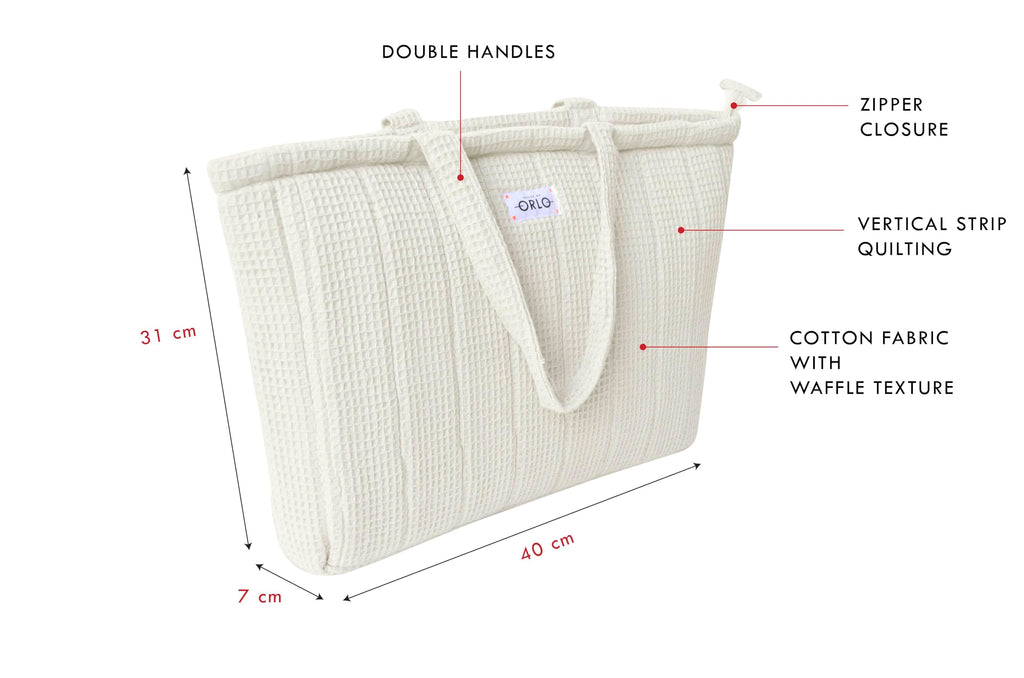 HOUSE OF ORLO Quilted 100% Cotton Waffle Weave Handmade Tote Bags with Zipper and Double Handles for Women Ideal for College, Travel, Work and Daily Use (Off White)