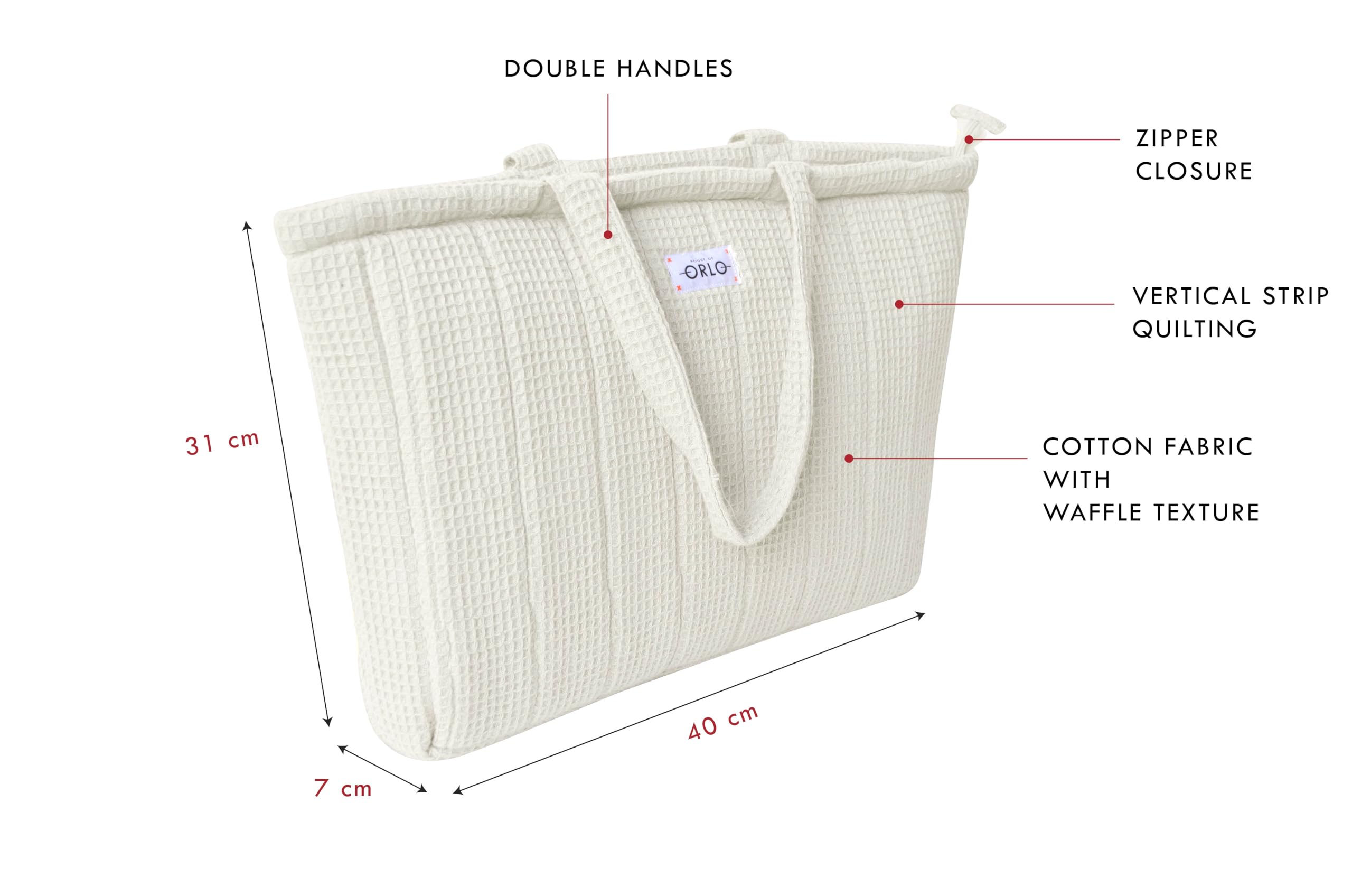 HOUSE OF ORLO Quilted 100% Cotton Waffle Weave Handmade Tote Bags with Zipper and Double Handles for Women Ideal for College, Travel, Work and Daily Use (Off White)