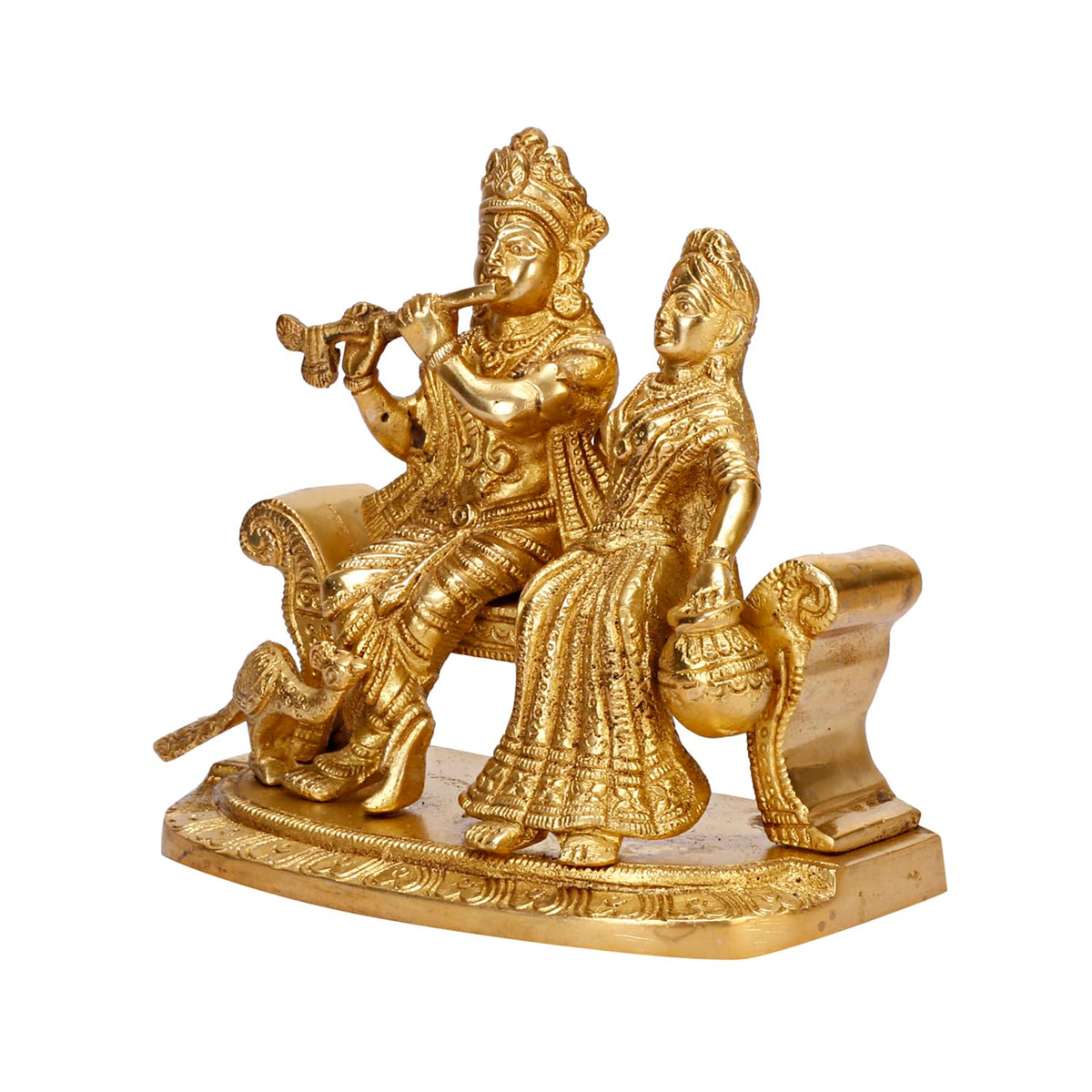 ARTVARKO Brass Radha Krishna Playing Flute Sitting on Couch with Peacock Statue Radha Krishan Ji Murti Temple Puja Office Home Décor Showpiece Gift 7 Inch.
