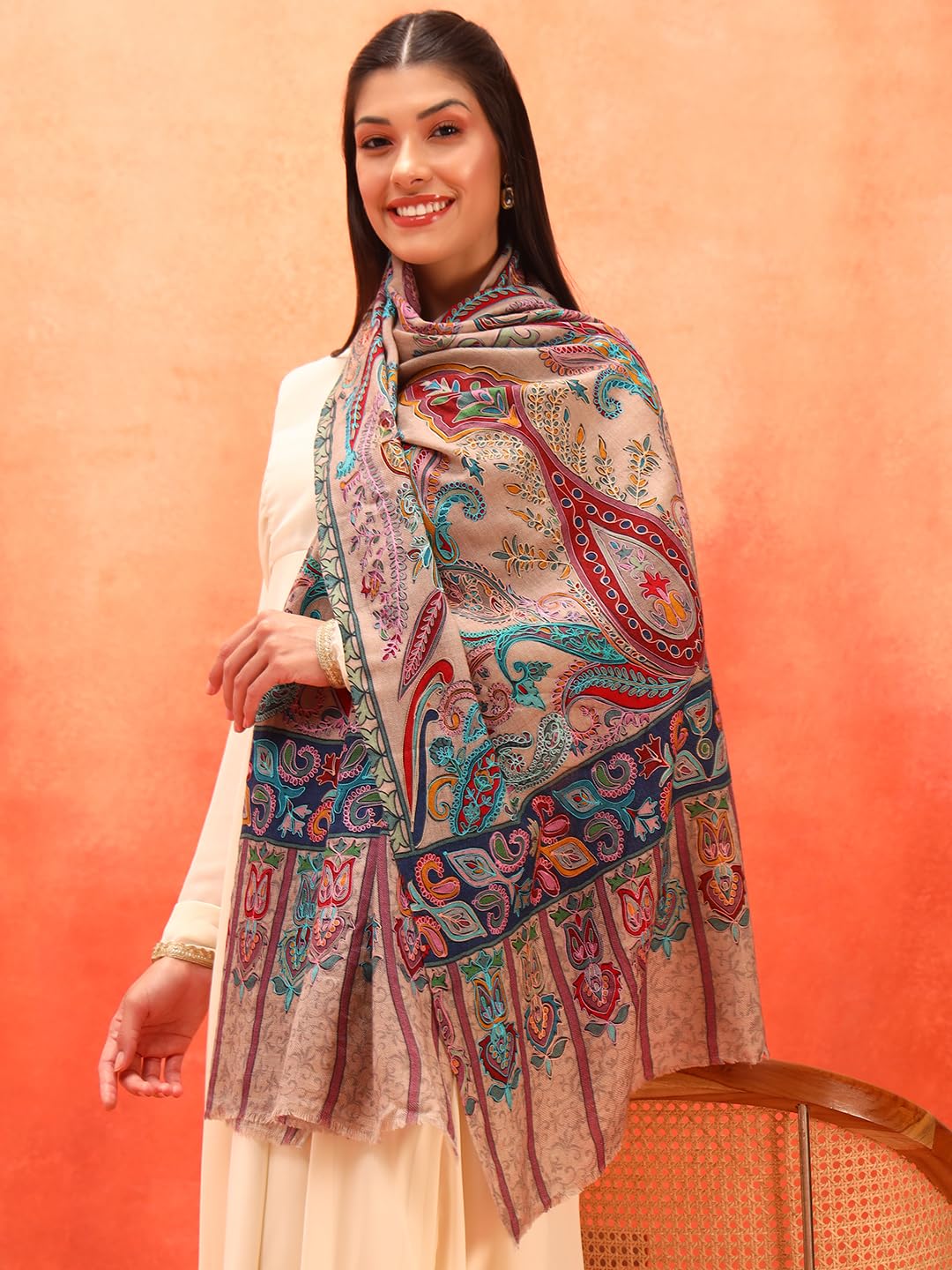 Pashmoda Women Sahtaar 100% Pure Wool Fabric Kalamkari Embroidered Stole, Shawl and Wrap, Sustainable and Natural Fabric, Heritage Kashmiri Pashmina (Size 28x80 Inches) Beige Colour KAST01