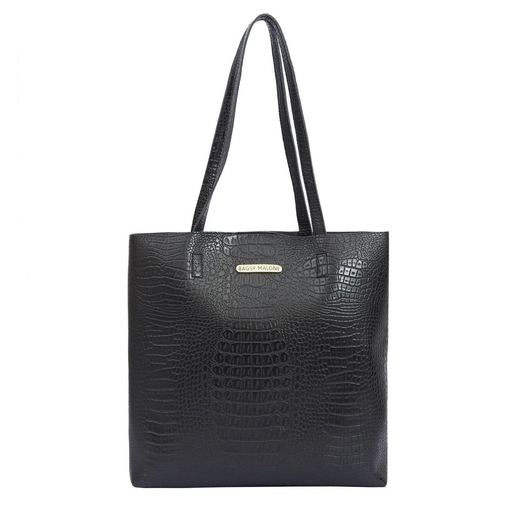 Bagsy Malone Women's Vegan Leather Stylish Tote Bag Pack of 5 | Ladies Purse Handbag (Croco Black)