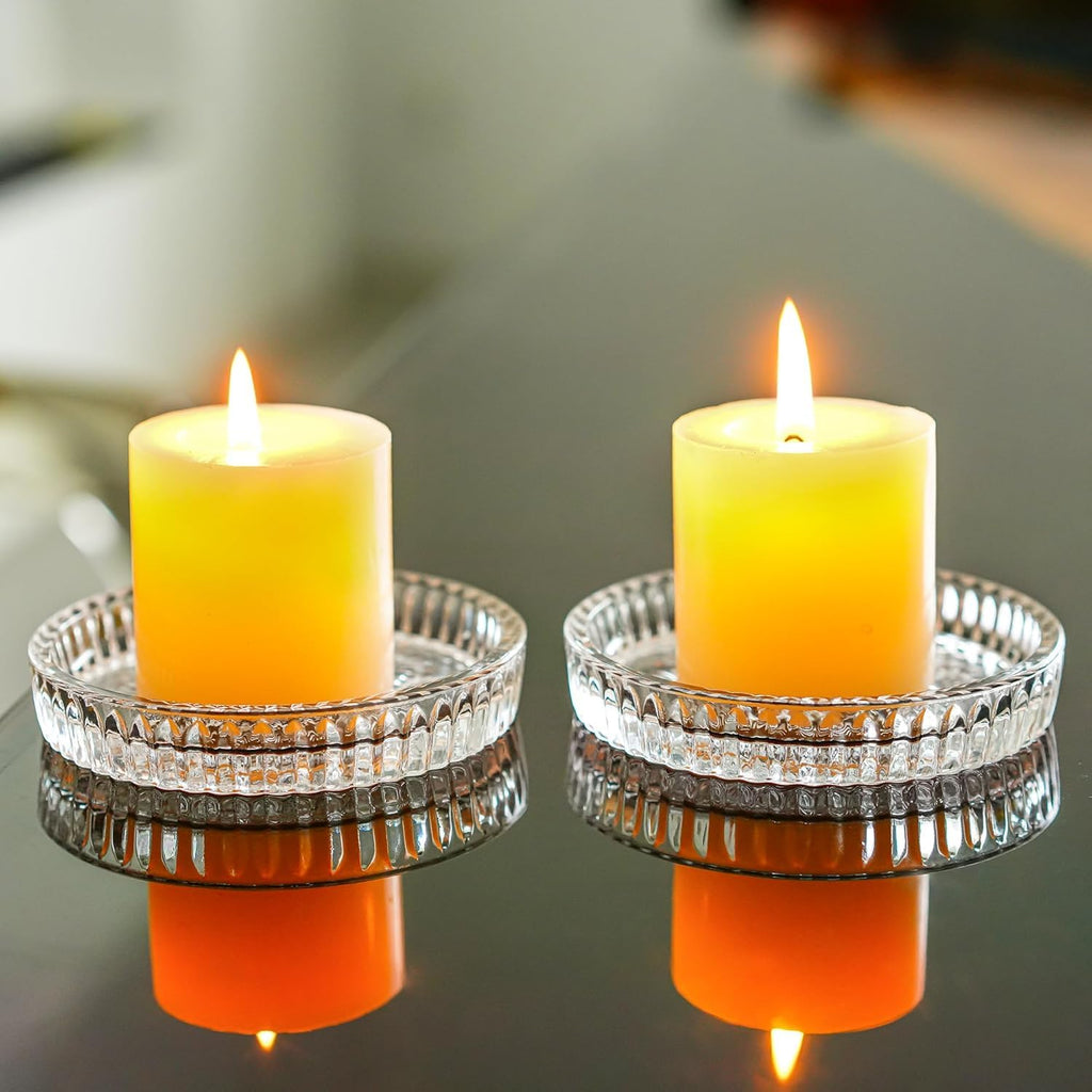 FUNKYFINDS Candle Plate 3.8 Inch Glass Candle Holders for Pillar Candles Candle Coaster Holder Round Candle Stand for Table Centerpieces, Wedding, Party, and Home Decor (Set of 2)