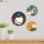 Artvibes Sacred Cow Pichwai Art Round Shape MDF Wooden Wall Decor Items | Living Room | Office | Handcrafted Art | Wall Accent | Painting | Artworks Hangings | Gift Items (WH_8814NN), Set of 3