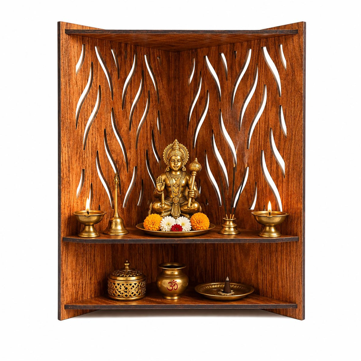 Aarohan Wooden Wall Mounted Pooja Mandir for Home | 2 Tier Hanging Temple with Ganesha Design | Space Saving Wooden Home Temple for God Idols (VWPM-L-105X155X35)