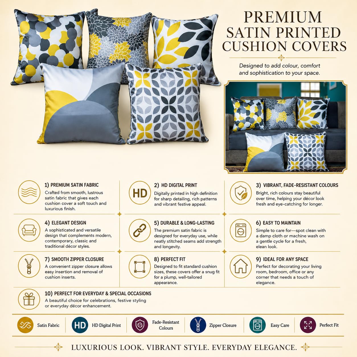 Vendola Decorative Satin Sofa Cushion Covers Set of 5, 20 inch x 20 inch, Sofa Cushion Pillow Cover, Yellow and Grey, Zipper Closure (Canary, 20X20 Inches)