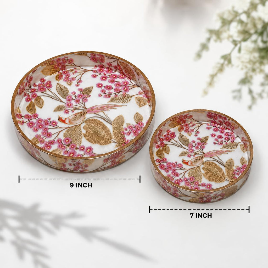 Dreams n Decor Pink Blossom Round Wooden Tray Set of 2 | MDF Serving Tray with Bird & Floral Enamel Print | Decorative Tray for Home, Coffee Table & Gifting | 7 & 9 Inch