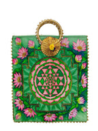 Reusable Shopping Tote Bag, Lotus and Sri Yantra Print, Cotton Canvas, Medium, Gold Metallic Handles, (Multicolors) (Pack of 2)