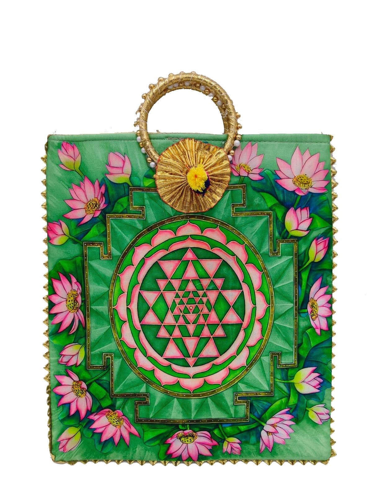 Reusable Shopping Tote Bag, Lotus and Sri Yantra Print, Cotton Canvas, Medium, Gold Metallic Handles, (Multicolors) (Pack of 2)
