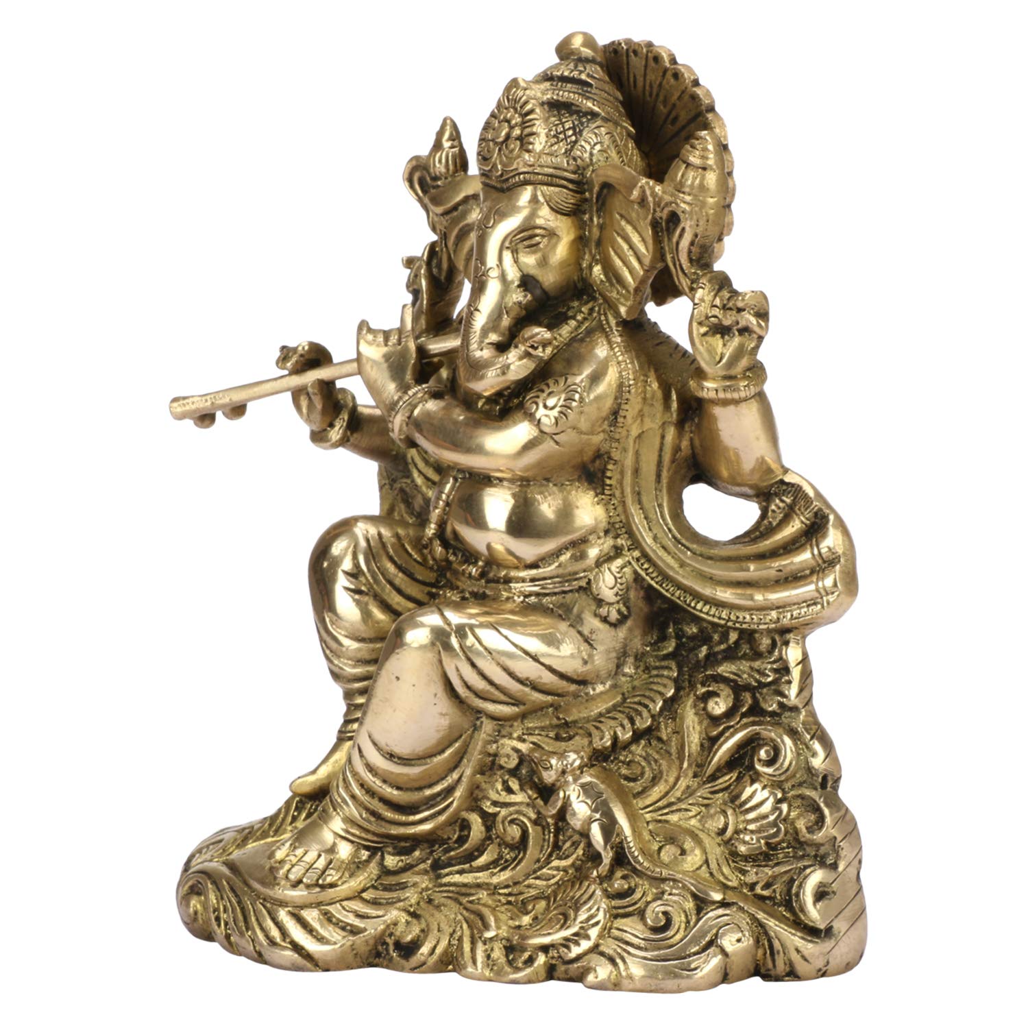 SVARUP Brass Ganesha Ido Playing Flute for Home Decoration Ganpati Statue Murti for Gift Height 8 Inch Weight 2.8 Kg Color Gold