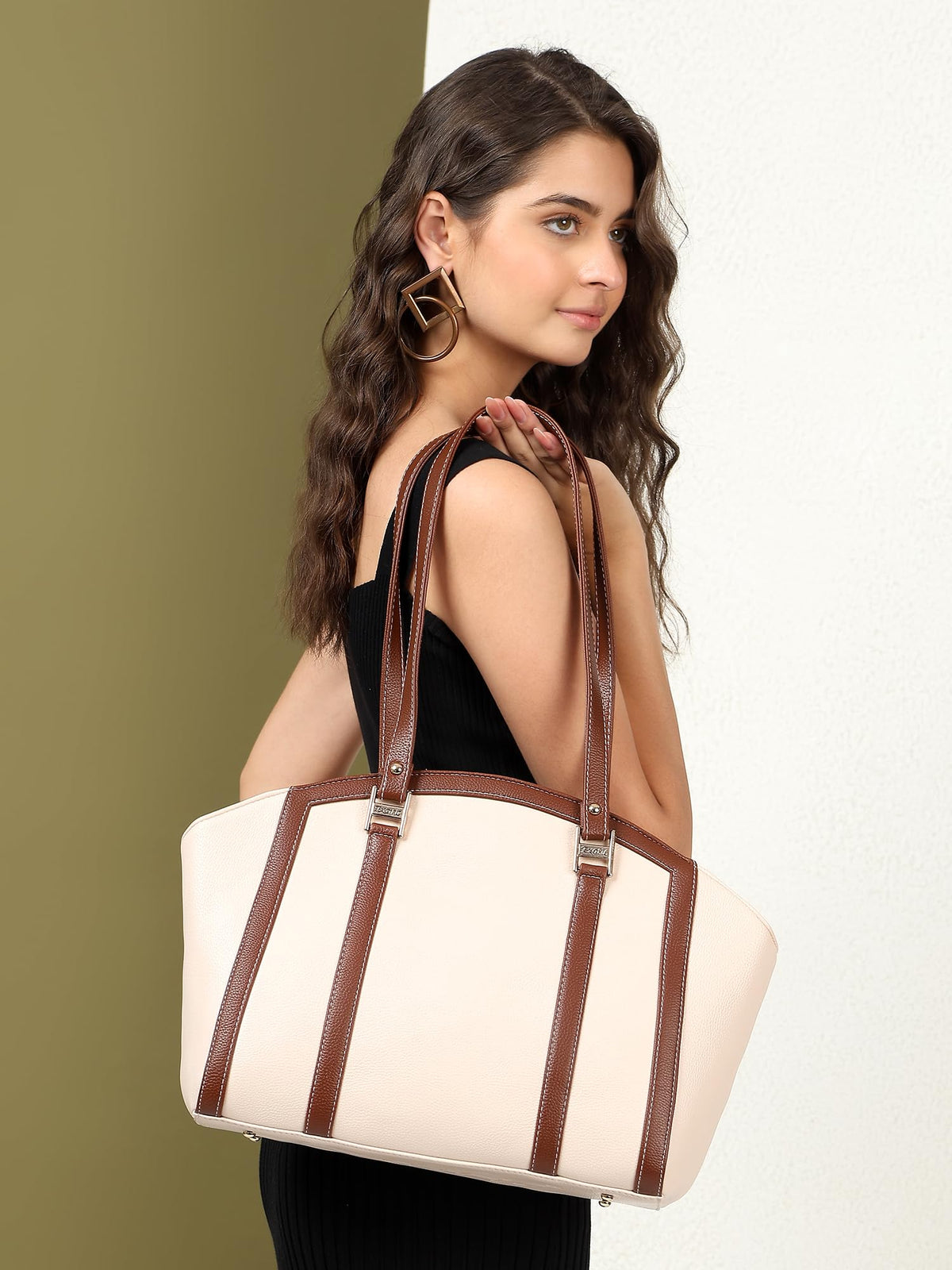 EXOTIC Shoulder Handbag for Women, Classic Fashion Design with Contrast Stitching (Beige)