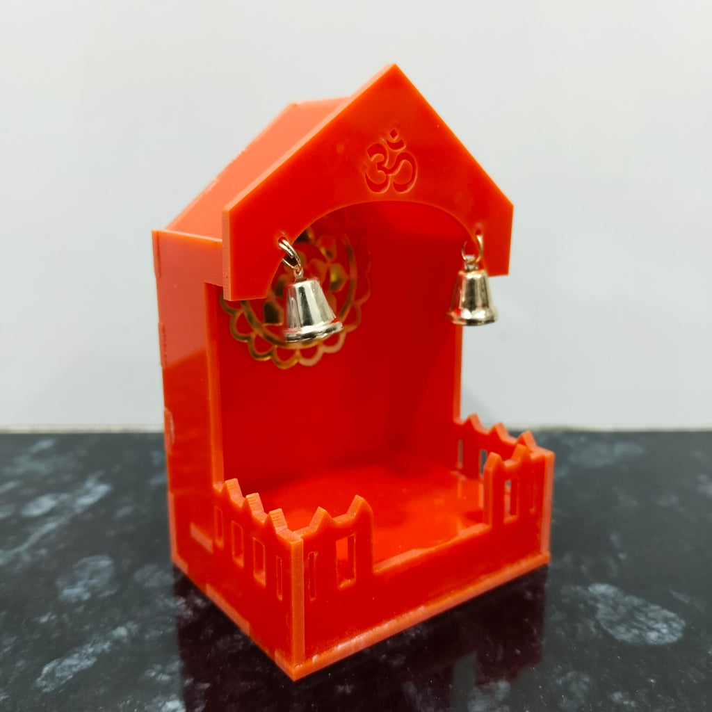 Mini Pooja Mandir Temple, Acrylic, Traditional Indian Style, with Om and Lotus Mandala, for Car, Office Desk and Home (1, Acrylic Orange)