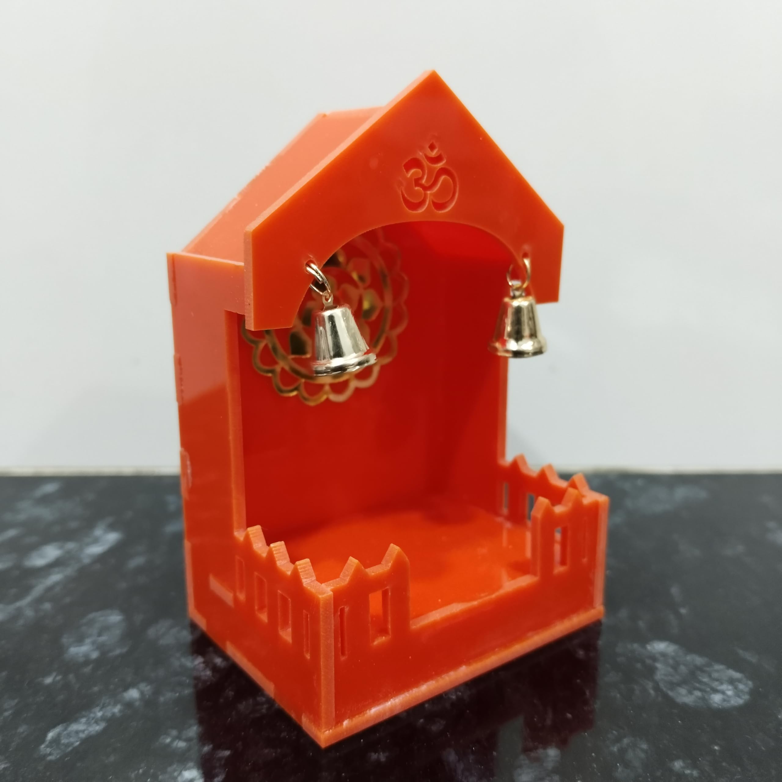 Mini Pooja Mandir Temple, Acrylic, Traditional Indian Style, with Om and Lotus Mandala, for Car, Office Desk and Home (1, Acrylic Orange)