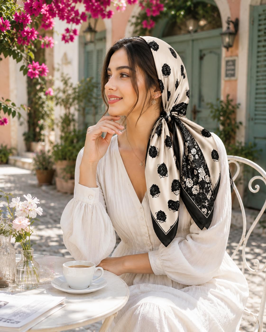Etietnic Satin Square Head Scarf for Women,ROSE BLACK Printed