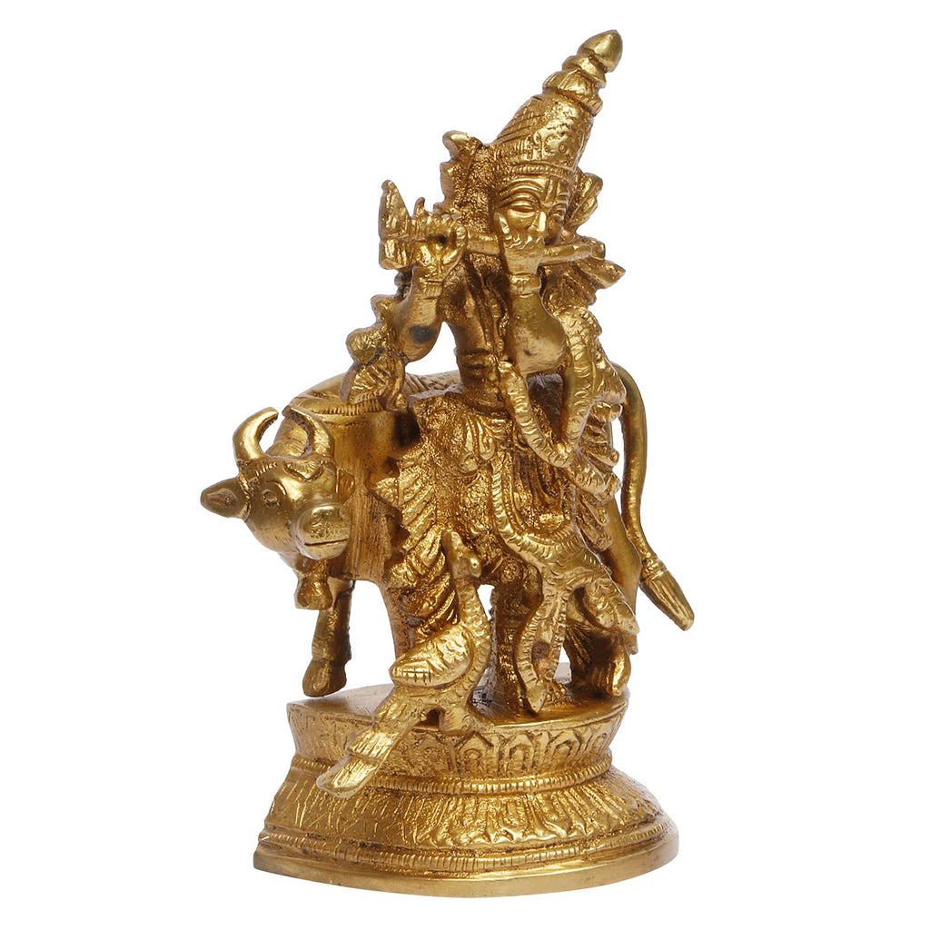 ARTVARKO Brass Krishna Playing Flute with Kamdhenu Cow and Peacock Idol Sculpture Home Decor for Living Room Pooja Gift Item Height 5 Inch