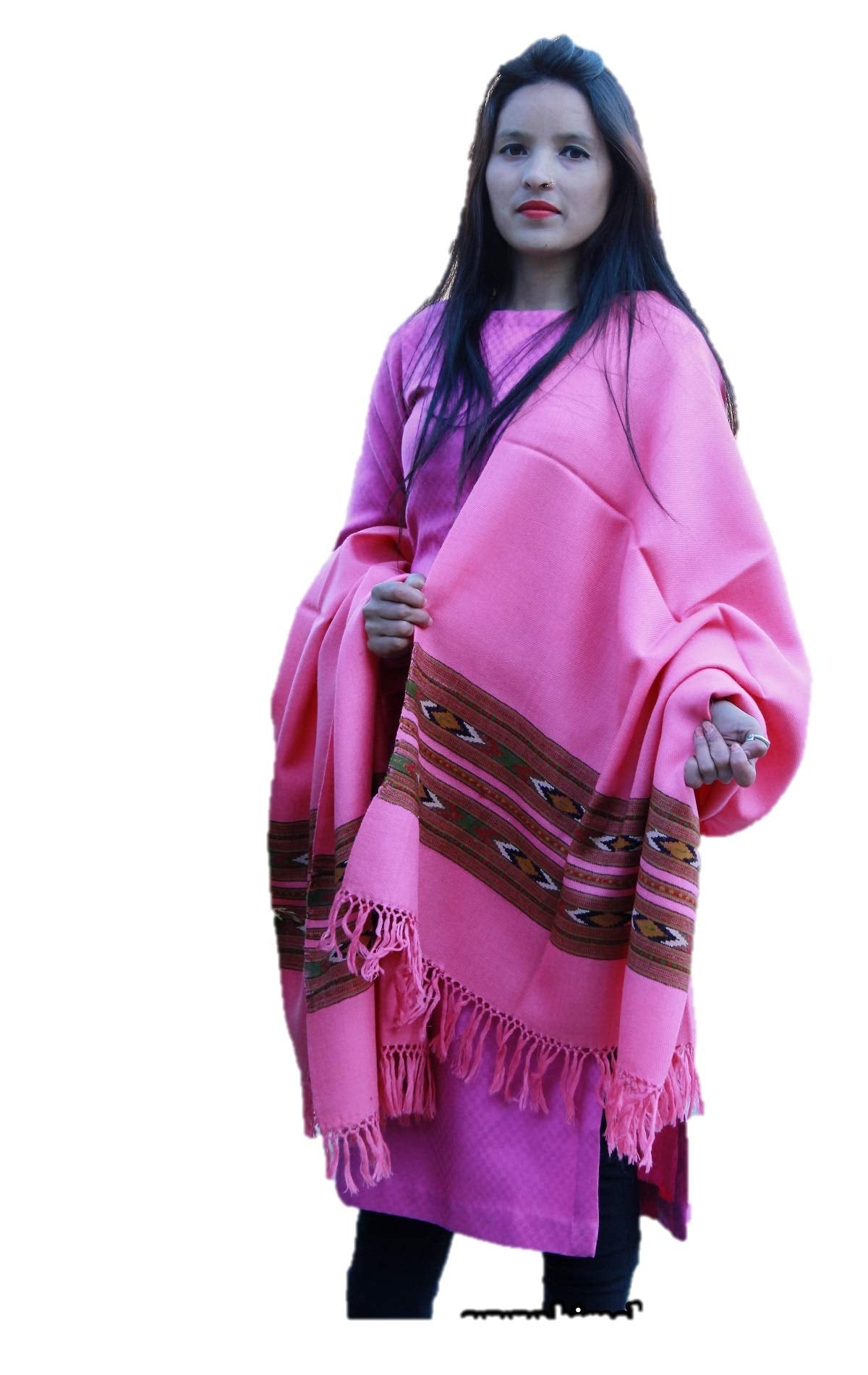 HImalayanKraft Hand Woven Kullu Handloom Pure Woolen Shawl Pink Colored with Beautiful Kullu Weaving Designed for Women and Girls.