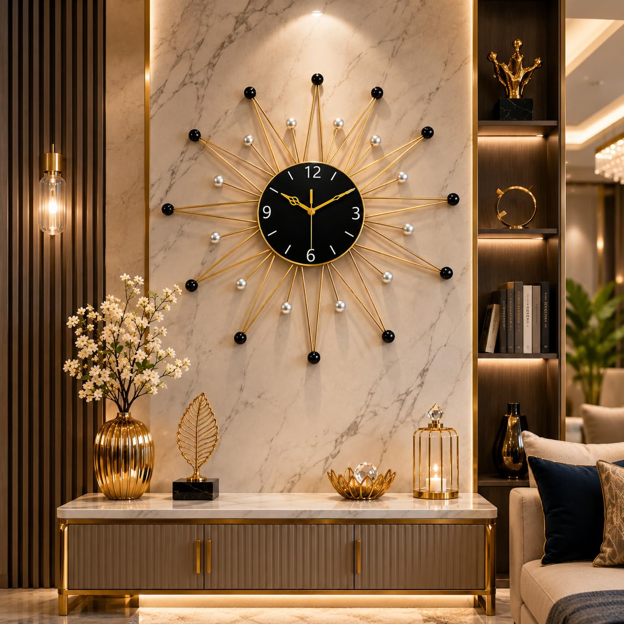 Modern Sunburst Metal Wall Clock Gold & Black for Living Room