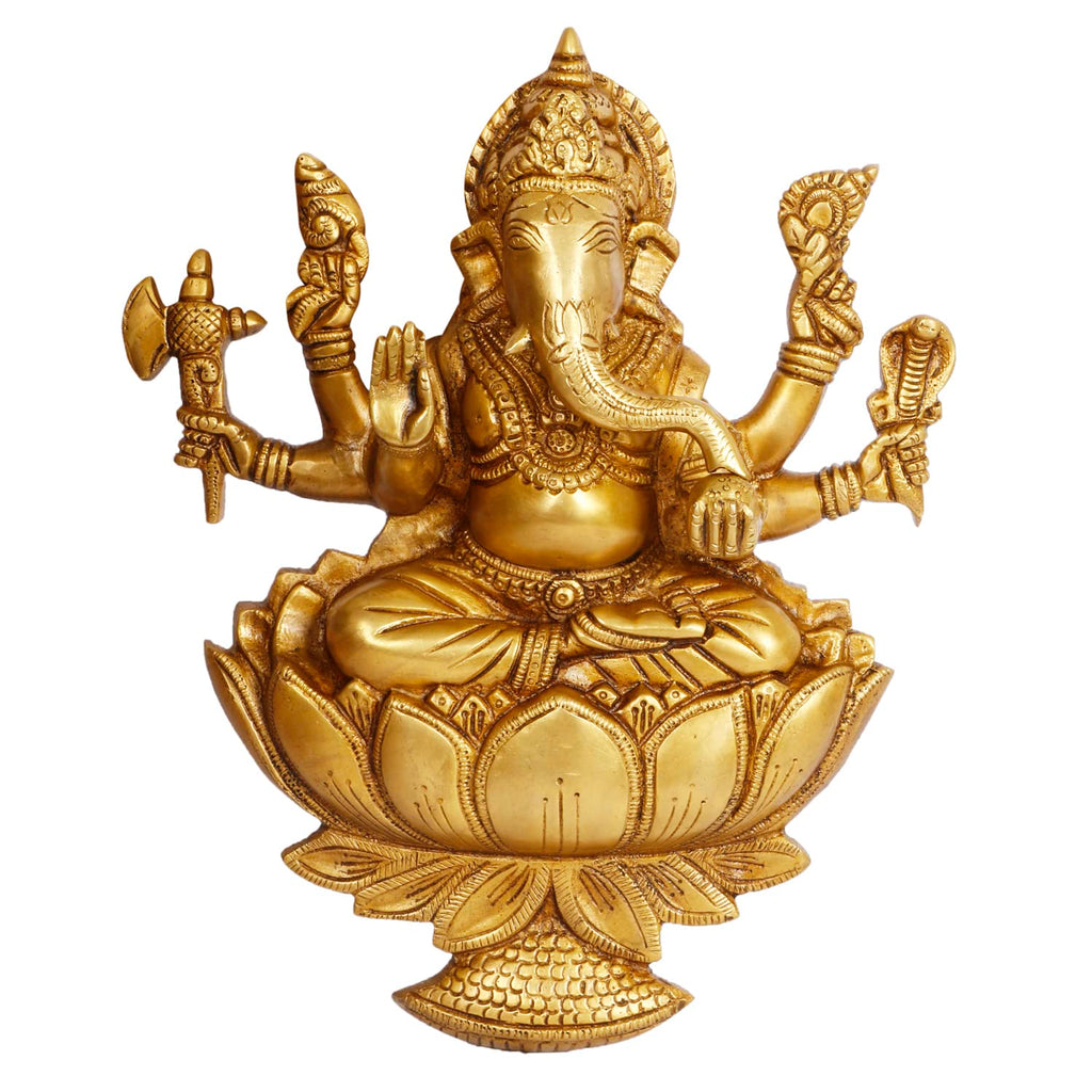 Artavrko Big Brass Ganesha Murti Ganesh Wall Hanging Idol Mangalkari Gnapati Sitting on Lotus Statue for Home Entrance Puja Mandir Temple Height 12 Inch