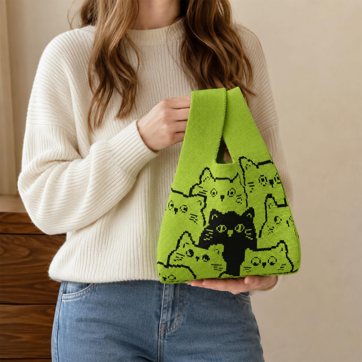 Cybersnc Tote Bag for Women, Knitted Tote Bag with Cute Cat Pattern, Reusable Hand Bags for Women Stylish, Soft Lightweight Shopping Bag for Work, College, Travel & Everyday Use
