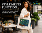 ECOEK Artsy Poly Canvas Tote Bag for Women | Zipper Closure, Bottle Holder & Keychain Hook | Premium Poly Canvas Bag for Travel College, Office | Reusable Shopping Tote Bag Gift(Van Gogh Irises)
