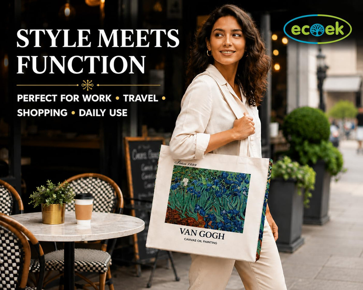 ECOEK Artsy Poly Canvas Tote Bag for Women | Zipper Closure, Bottle Holder & Keychain Hook | Premium Poly Canvas Bag for Travel College, Office | Reusable Shopping Tote Bag Gift(Van Gogh Irises)